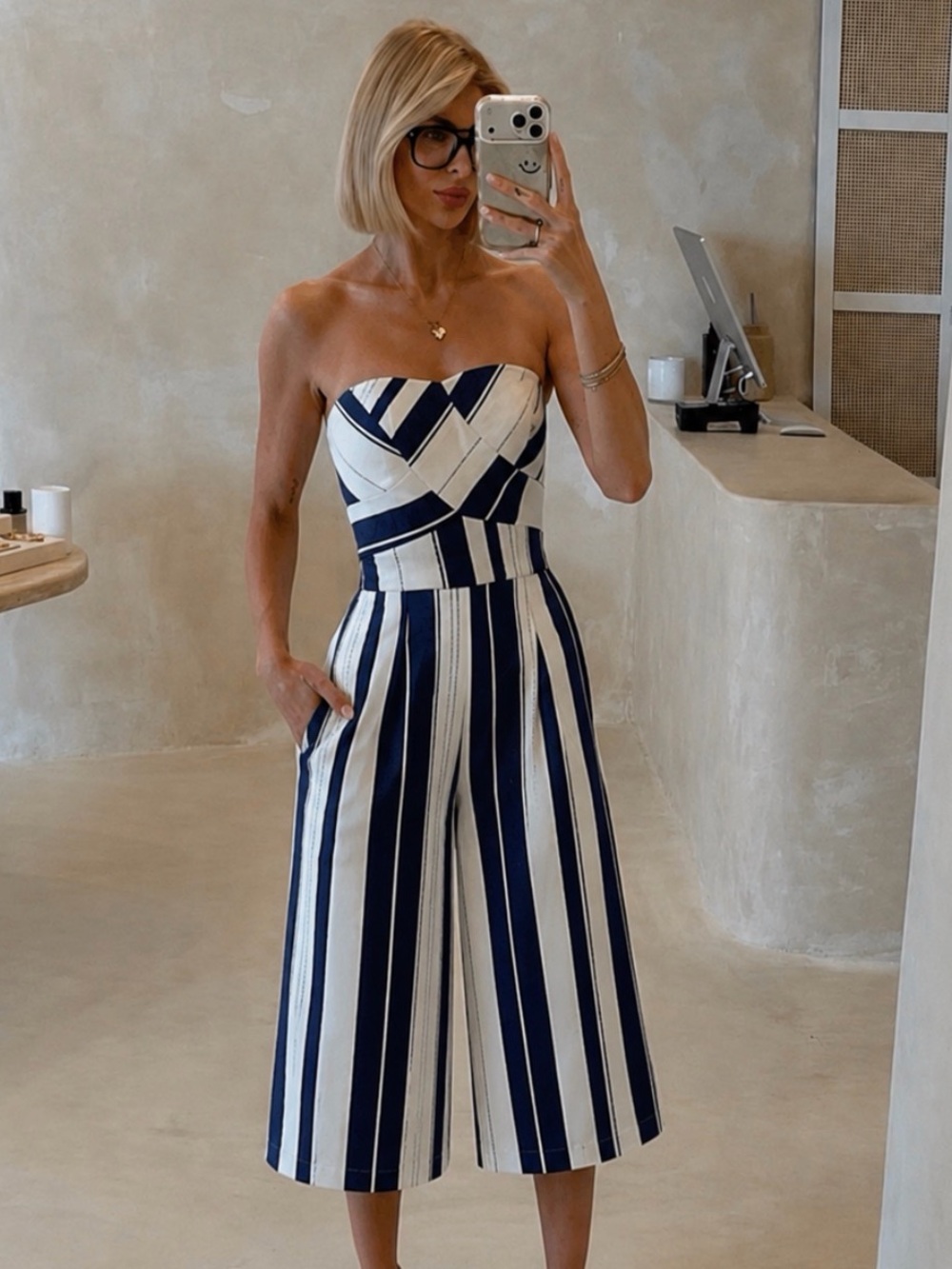 Greylin Navy and White Strapless Wide-Leg Jumpsuit Stripe Pattern Medium